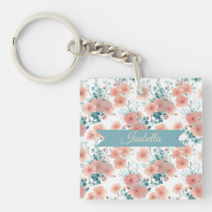 Zachte Vintage Lente Roze Bloemige Gepersonaliseer Sleutelhanger