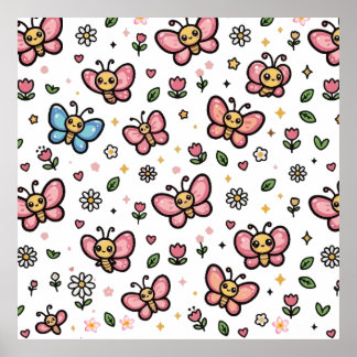 Zachte Vlinder Bloem Naadloos Kawaii Patroon Poster