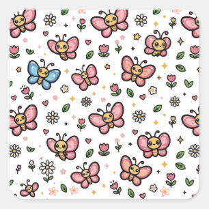 Zachte Vlinder Bloem Naadloos Kawaii Patroon Vierkante Sticker