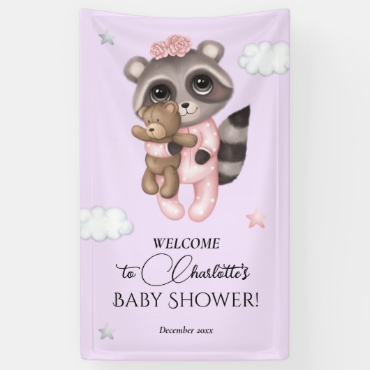 Zachte wasbeer Dier Meisje Baby shower Welkom Spandoek (Verticaal)