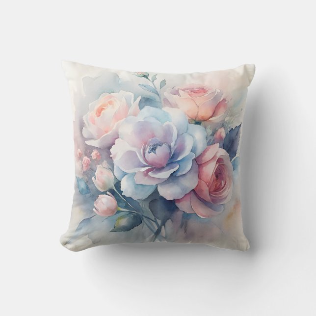 Zachte Waterkleur Bloemendecoratie Kussen (Voorkant)