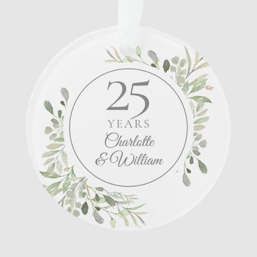Zachte Waterverf Bladeren 25e Verjaardag Ornament (voorkant)