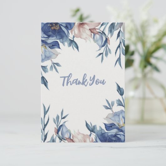 Zachte Waterverf Blauwe Bloemen Bedankkaart (Staand voorkant)