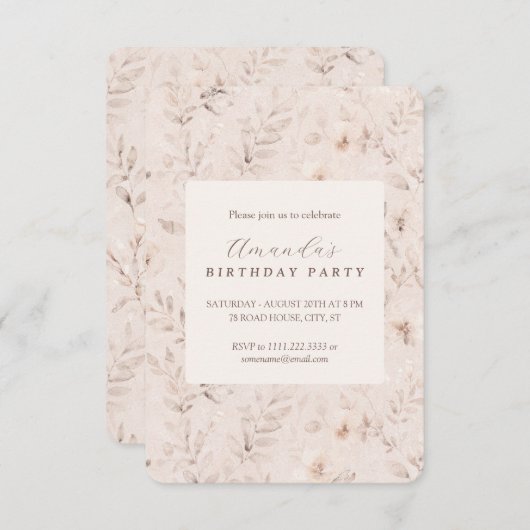 Zachte waterverf bloem neutrale beige uitnodiging (Voorkant / Achterkant)