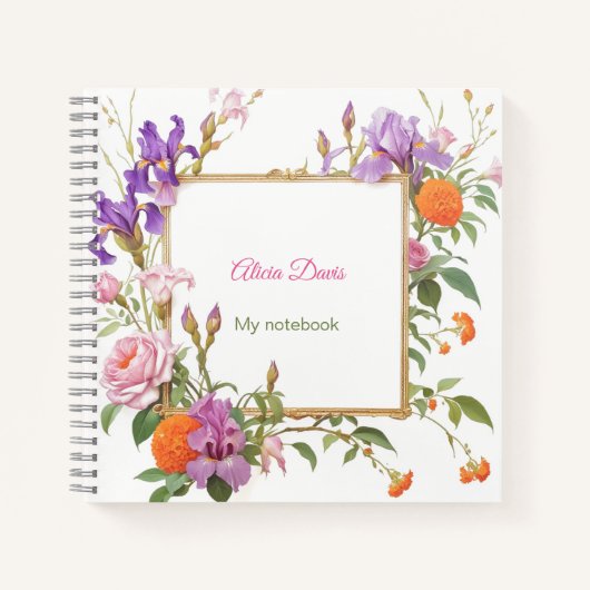 Zachte Waterverf Bloemen Goud Lijst | Je naam | Notitieboek (Voorkant)