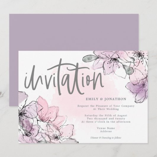 Zachte Waterverf Bloemen Lila Roze Script Wedding Kaart (Voorkant / Achterkant)