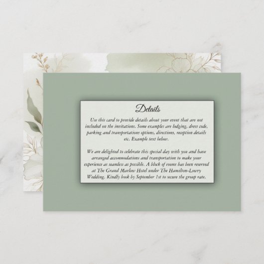Zachte Waterverf Bloemen Sage Green Wedding Informatiekaartje (Voorkant / Achterkant)