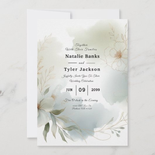 Zachte Waterverf Bloemen Sage Green Wedding Kaart (Voorkant)