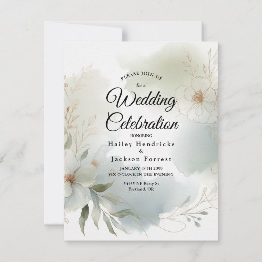 Zachte Waterverf Bloemen Sage Green Wedding Kaart (Voorkant)