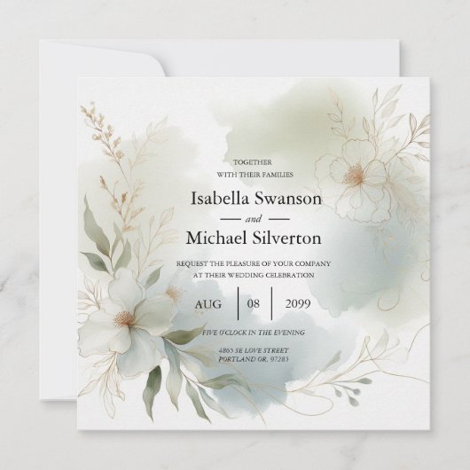 Zachte Waterverf Bloemen Sage Green Wedding Kaart (Voorkant)