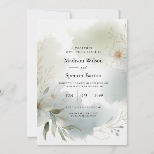 Zachte Waterverf Bloemen Sage Green Wedding Kaart (Voorkant)