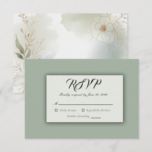 Zachte Waterverf Bloemen Sage Green Wedding RSVP Kaartje (Voorkant / Achterkant)