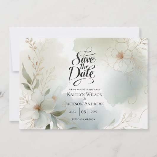 Zachte Waterverf Bloemen Sage Green Wedding Save The Date (Voorkant)