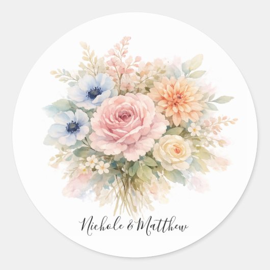 Zachte Waterverf Bloemige Bruiloft Ronde Sticker (Voorkant)