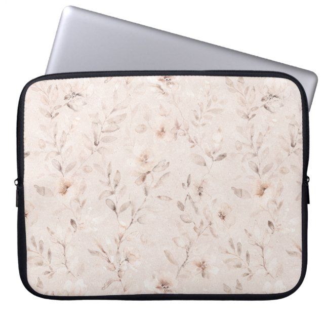Zachte waterverf bloemtakken neutraal beige laptop sleeve (Voorkant)