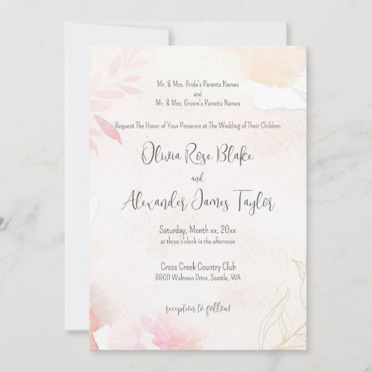Zachte Waterverf Blush Bloemen Bruiloft Kaart (Voorkant)