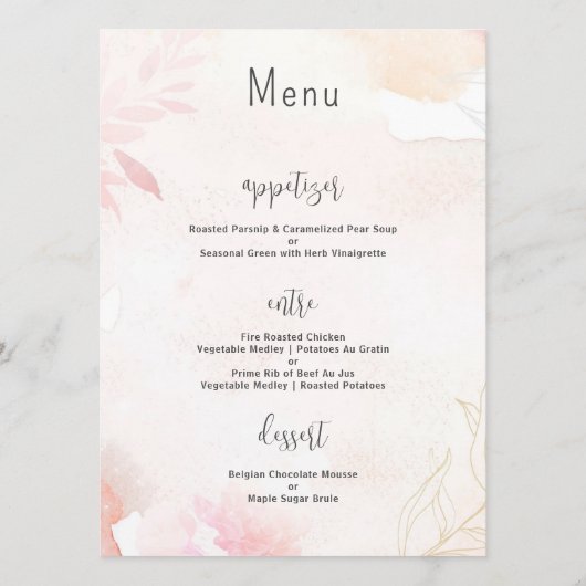 Zachte Waterverf Blush Bloemen Bruiloft Menu (Achterkant)