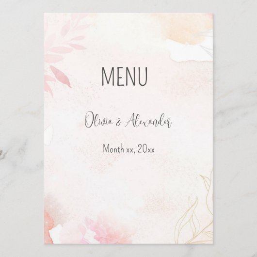 Zachte Waterverf Blush Bloemen Bruiloft Menu (Voorkant)