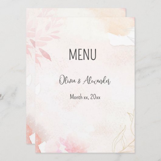 Zachte Waterverf Blush Bloemen Bruiloft Menu (Voorkant / Achterkant)