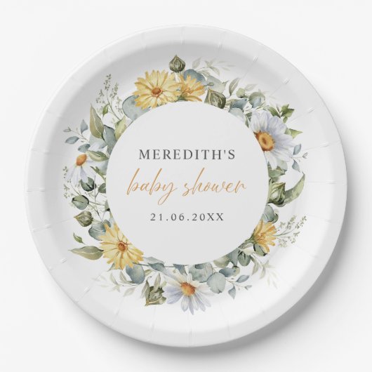 Zachte Waterverf Daisy Wildflower Baby shower Papieren Bordje (Voorkant)