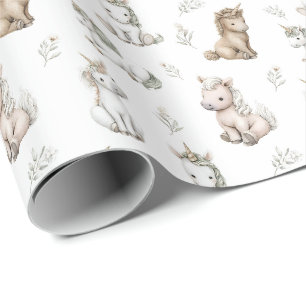 Zachte Waterverf Eenhoorns en Bloemen Patroon Cadeaupapier