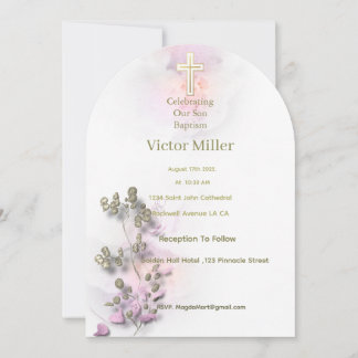 Zachte waterverf & Golden Cross Doopuitnodiging Kaart