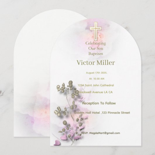 Zachte waterverf & Golden Cross Doopuitnodiging Kaart (Voorkant / Achterkant)