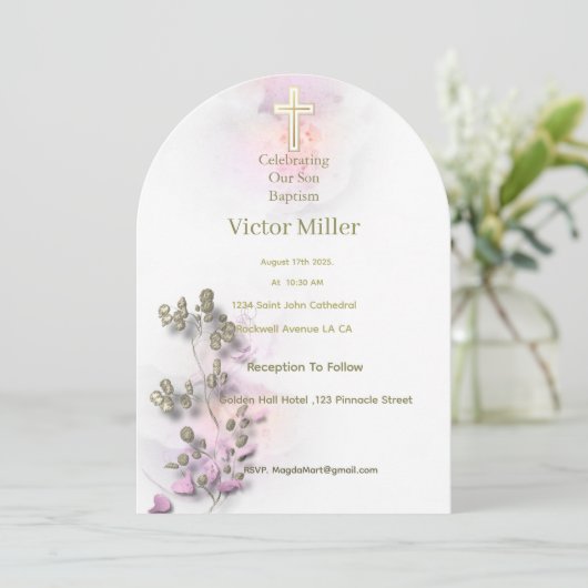 Zachte waterverf & Golden Cross Doopuitnodiging Kaart (Staand voorkant)