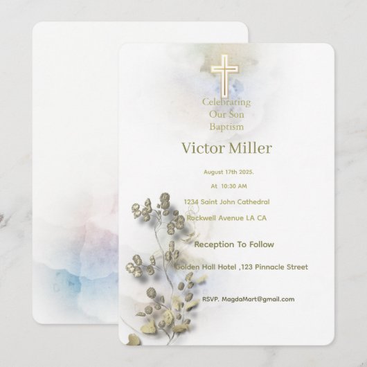 Zachte waterverf & Golden Cross Doopuitnodiging Kaart (Voorkant / Achterkant)