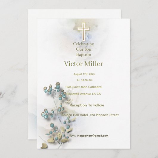 Zachte waterverf & Golden Cross Doopuitnodiging Kaart (Voorkant / Achterkant)