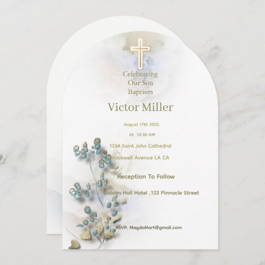 Zachte waterverf & Golden Cross Doopuitnodiging Kaart (Voorkant / Achterkant)