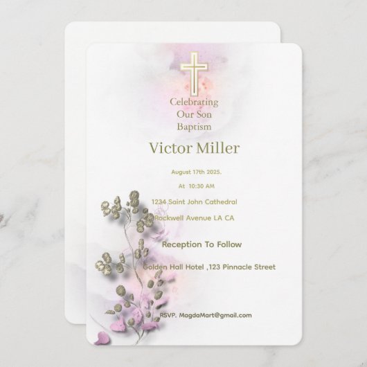 Zachte waterverf & Golden Cross Doopuitnodiging Kaart (Voorkant / Achterkant)