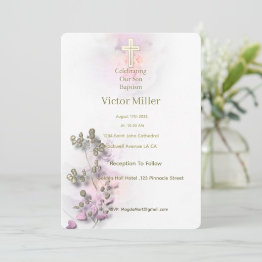 Zachte waterverf & Golden Cross Doopuitnodiging Kaart (Staand voorkant)