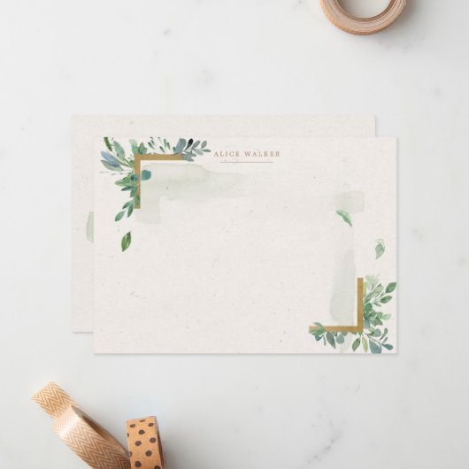 Zachte Waterverf Gouden groen briefpapier Note Kaa Notitiekaartje (Voorkant / Achterkant in situ)