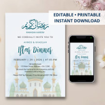 Zachte Waterverf Groene Koepel Moskee Iftar Uitnod