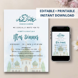 Zachte Waterverf Groene Koepel Moskee Iftar Uitnod Kaart