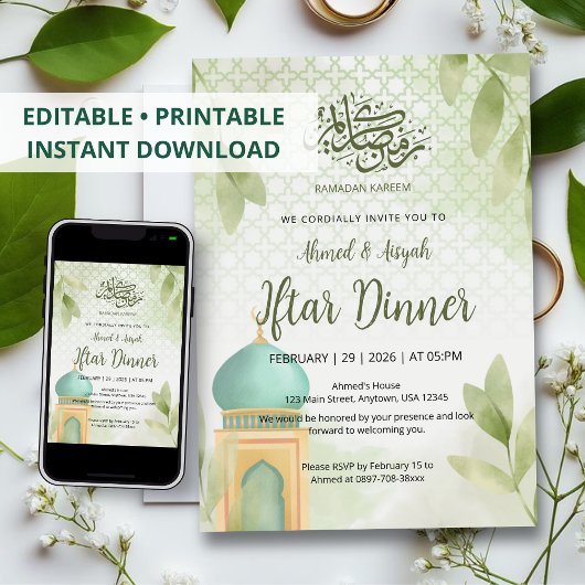 Zachte Waterverf Groene Moskee Ramadan Iftar Diner Kaart