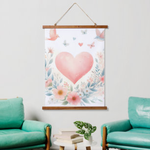 Zachte waterverf hart liefde bloemen vogels hangend wandkleed