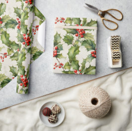 Zachte Waterverf Holly & Berries Elegance Design Cadeaupapier