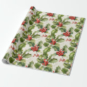 Zachte Waterverf Holly & Berries Elegance Design Cadeaupapier (Uitgerold)