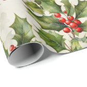 Zachte Waterverf Holly & Berries Elegance Design Cadeaupapier (Rol Hoek)