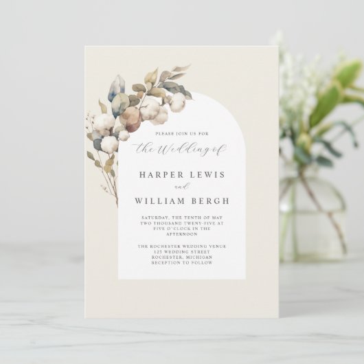 Zachte waterverf Katoen & Eucalyptus bruiloft Kaart (Staand voorkant)