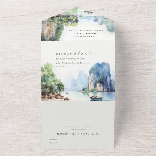 Zachte Waterverf Kust Thailand Zeegezicht Bruiloft All In One Uitnodiging (Buitenkant)