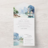 Zachte Waterverf Kust Thailand Zeegezicht Bruiloft All In One Uitnodiging (Binnen)