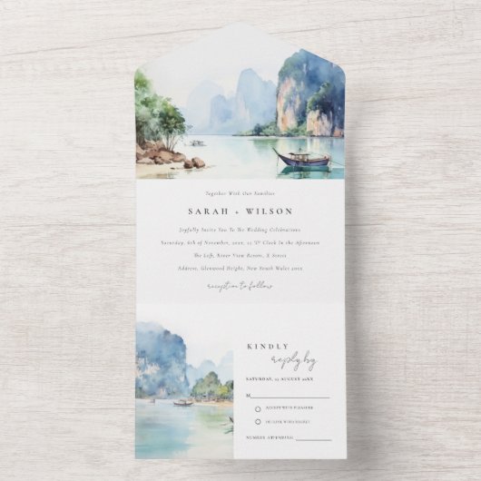 Zachte Waterverf Kust Thailand Zeegezicht Bruiloft All In One Uitnodiging (Binnen)