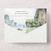 Zachte Waterverf Kust Thailand Zeegezicht Bruiloft All In One Uitnodiging (Achterkant)