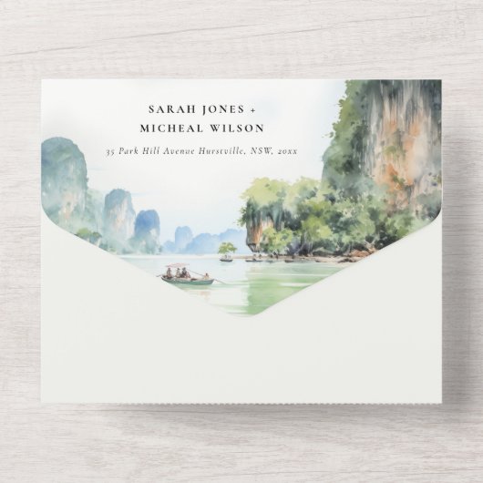 Zachte Waterverf Kust Thailand Zeegezicht Bruiloft All In One Uitnodiging (Achterkant)