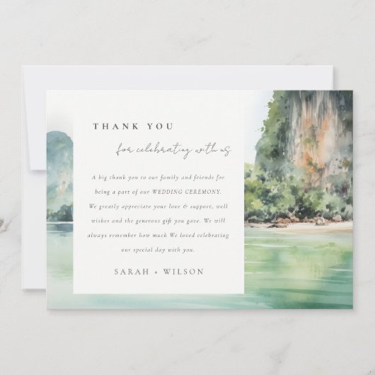 Zachte Waterverf Kust Thailand Zeegezicht Bruiloft Bedankkaart (Voorkant)