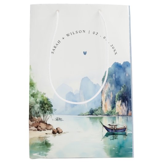 Zachte Waterverf Kust Thailand Zeegezicht Bruiloft Medium Cadeauzakje (Voorkant)