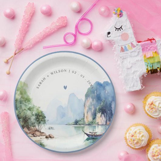 Zachte Waterverf Kust Thailand Zeegezicht Bruiloft Papieren Bordje (Feest)